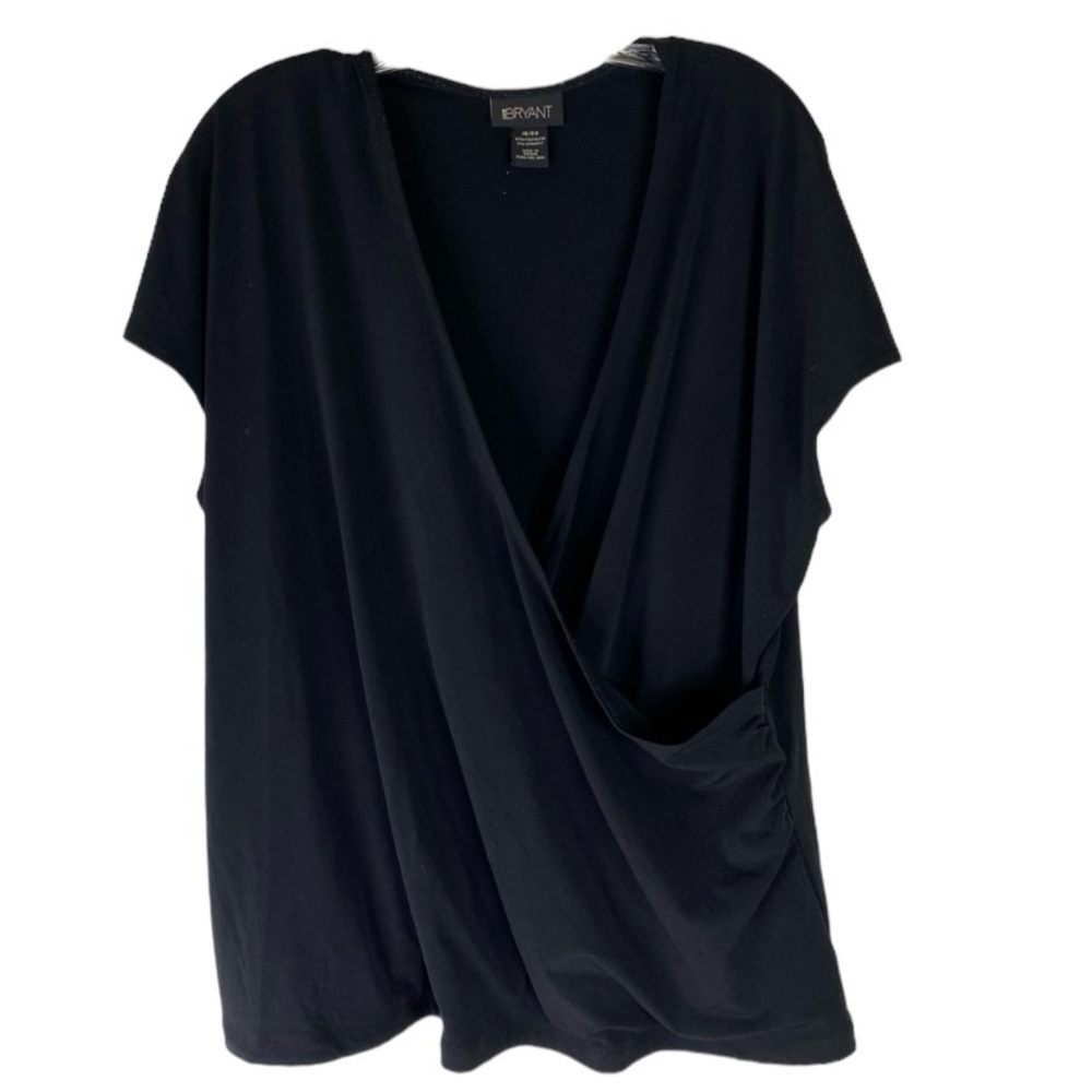 Lane Bryant Top Women’s Black Short Sleeve Stretch Faux Wrap Surplice V Neck